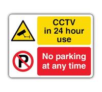 V Safety CCTV In Use No Parking At Any Time - Dual Symbol - Landscape Safety Sign - 300 x 225 mm - 2mm Rigid Plastic