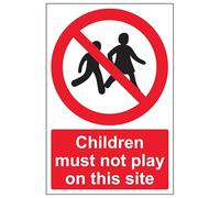 V Safety Children Must Not Play On This Site - Portrait 150 x 200 mm - 2mm Super-Tough Rigid Plastic Safety Sign