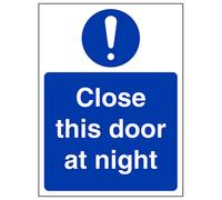 V Safety Close This Door At Night Fire Door & Mandatory Sign - Rigid Plastic - 150X200mm (X3)