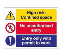 V Safety Confined Space/No Unauthorised Entry/Permit To Work - Large 400 x 300 mm - Glow In The Dark Self Adhesive Vinyl Safety Sign