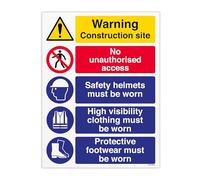 V Safety Construction Site Multi-Message Sign - Warning, No Unauthorised Access, Helmets, Hi-Vis, Protective Footwear PPE Safety Sign - 300 x 400 mm - Economy 0.5mm Polypropylene Sign with Mount Film