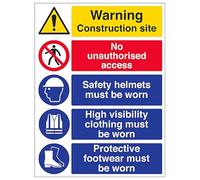 V Safety Construction Site Multi-Message Sign - Warning, No Unauthorised Access, Helmets, Hi-Vis, Protective Footwear PPE Safety Sign - 300 x 400 mm - Self Adhesive Vinyl - Aluminium Effect