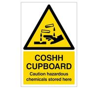V Safety COSHH Cupboard Caution Hazardous Chemicals Stored Here 100 x 150 mm Safety Sign - Self Adhesive Vinyl