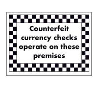 V Safety Counterfeit Currency Checks Operate On Premises Sign - 200mm x 150mm - 1mm Rigid Plastic