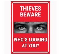 V Safety Criminals Beware Who's Looking At You? Red 150 x 200 mm - Glow In The Dark Self Adhesive Vinyl Safety Sign