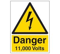 V Safety Danger 11,000 Volts - Portrait 150 x 200 mm - Glow In The Dark 1mm Rigid Plastic Safety Sign