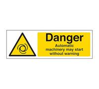 V Safety Danger Automatic Machinery May Start - Landscape 600 x 200 mm - 2mm Super-Tough Rigid Plastic Safety Sign