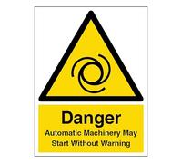 V Safety Danger Automatic Machinery May Start - Portrait 150 x 200mm - 1mm Rigid Plastic Safety Sign