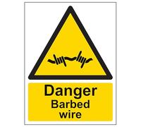 V Safety Danger Barbed Wire - Portrait 150 x 200 mm - Glow In The Dark Self Adhesive Vinyl Safety Sign