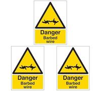 V Safety Danger Barbed Wire Warning Sign - 300mm x 400mm - 2mm Rigid Plastic (Pack of 3)