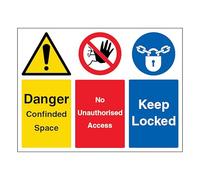 V Safety Danger Confined Space/No Unauthorised Access/Keep Locked - Landscape 600 x 450 mm - 2mm Rigid Plastic Safety Sign