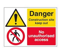 V Safety Danger Construction Site Keep Out/No Unauthorised Access 400 x 300 mm - 1mm Rigid Plastic Safety Sign