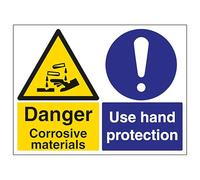 V Safety Danger Corrosive Materials Use Hand Protection 400 x 300 mm - 2mm Rigid Plastic Safety Sign