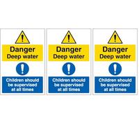 V Safety Danger Deep Water Children Should Be Supervised At All Times - Portrait 150 x 200mm - 2mm Rigid Plastic Safety Sign (Pack of 3)
