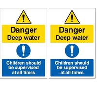 V Safety Danger Deep Water Children Should Be Supervised At All Times - Portrait 200 x 300mm - 1mm Rigid Plastic Safety Sign (Pack of 2)