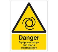 V Safety Danger Equipment Stops And Starts Automatically - Portrait 150 x 200mm - 2mm Rigid Plastic Safety Sign