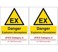 V Safety Danger Explosive Atmosphere - Atex Category 2 - Portrait 200 x 300 mm - Self Adhesive Vinyl Safety Sign (Pack of 2)