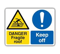 V Safety Danger Fragile Roof Keep Off - Fragile Roof/Mandatory Exclamation Safety Sign - 300 x 225 mm - Self Adhesive Vinyl