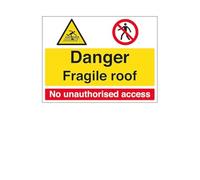 V Safety Danger/Fragile Roof/No Unauthorised Access 400 x 300 mm - 1mm Rigid Plastic Safety Sign (Pack of 4)