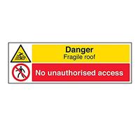 V Safety Danger, Fragile Roof/No Unauthorised Access Sign - 600mm x 200mm - 1mm Rigid Plastic