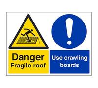 V Safety Danger, fragile roof/Use crawling boards - 600 x 450 mm Self Adhesive Vinyl Safety Sign
