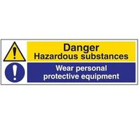 V Safety Danger Hazardous Substances, Wear Personal Protective Equipment Warning Sign - 600mm x 200mm - 1mm Rigid Plastic