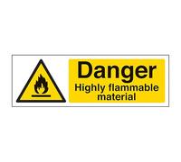 V Safety Danger Highly Flammable Material - Landscape 600 x 200 mm - Glow In The Dark Self Adhesive Vinyl Safety Sign