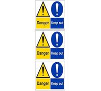 V Safety Danger. Keep Out Warning Sign - 400mm x 300mm - 1mm Rigid Plastic (Pack of 3)