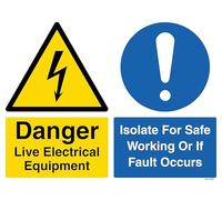 V Safety Danger Live Electrical Equipment/Isolate For Safe Working - Landscape 600 x 450 mm - Self Adhesive Vinyl Safety Sign