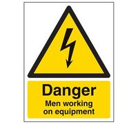 V Safety Danger, Men Working On Equipment Warning Sign - 150mm x 200mm - 1mm Rigid Plastic