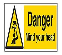 V Safety Danger Mind Your Head Sign - Landscape - 600mm x 200mm - Self Adhesive Vinyl