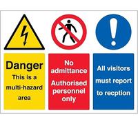 V Safety Danger/No Admittance/Visitors Report To Reception - Landscape 600 x 450 mm - Self Adhesive Vinyl Safety Sign