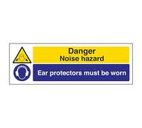 V Safety Danger Noise Hazard/Ear Protectors - Landscape 300 x 100 mm - Self Adhesive Vinyl - Aluminium Effect Safety Sign