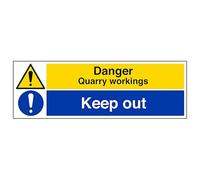 V Safety Danger Quarry Workings/Keep Out - Landscape 300 x 100 mm - Self Adhesive Vinyl - Aluminium Effect Safety Sign