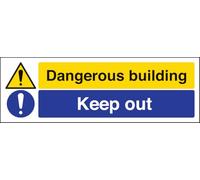V Safety Dangerous Building/Keep Out Warning Sign - 300mm x 100mm - Self Adhesive Vinyl