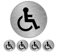 V Safety Disabled Toilet Sign with Self Adhesive Backing - 75mm Round Aluminium Accessible WC Door Sign Made in UK - Brushed Silver 0.5mm Metal - Single Sign or Packs of 5, 10, 20 (5)