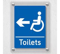 V Safety Disabled Toilets Arrow Left Blue 150 x 200 mm - Acrylic Perspex Cast Clear Safety Sign