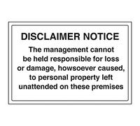 V Safety Disclaimer Notice The Management cannnot be held Sign - 300mm x 200mm - 1mm Rigid Plastic