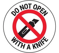 V Safety Do Not Open With A Knife Sticker - 50mm Diameter (Roll of 250)