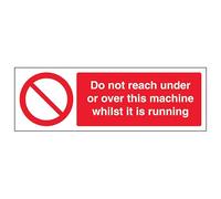 V Safety Do Not Reach Under Or Over This Machine - Landscape 300 x 100 mm - Self Adhesive Vinyl - Aluminium Effect Safety Sign