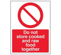 V Safety Do Not Store Cooked And Raw Food Together Catering Sign - Rigid Plastic - 150X200mm (X3)