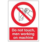 V Safety Do Not Touch Men Working On Machine - Portrait 150 x 200 mm - Glow In The Dark Self Adhesive Vinyl Safety Sign