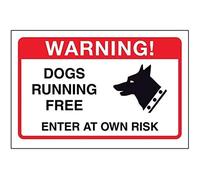 V Safety Dogs Running Free, Enter At Own Risk Sign - 150mm x 100mm - Photoluminescent Rigid Plastic