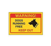 V Safety Dogs Running Free, Keep Out Sign - 150mm x 100mm - Yellow Self Adhesive Vinyl