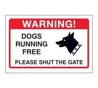 V Safety Dogs Running Free, Please Shut The Gate Sign Sign - 150mm x 100mm - Self Adhesive Vinyl
