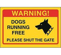 V Safety Dogs Running Free, Please Shut The Gate Sign Sign - 150mm x 100mm - Yellow Self Adhesive Vinyl