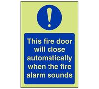 V Safety Door Close When Alarm Sounds Fire Sign - Glow In Dark - 100X150mm (X3)