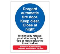 V Safety Dorgard Automatic Fire Door - To Manually Release Push Door 150 x 200mm - 1mm Rigid Plastic Safety Sign