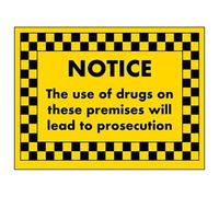 V Safety Drugs On Premises Will Lead To Prosecution Sign - 200mm x 150mm - Self Adhesive Vinyl