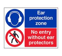 V Safety Ear Protection Zone No Entry Without Protector Sign - Rigid Plastic - 600X450mm (X3)